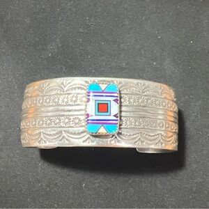 Vintage Sterling Silver Southwestern Cuff Bracelet Geometric Inlay 53.1 Grams